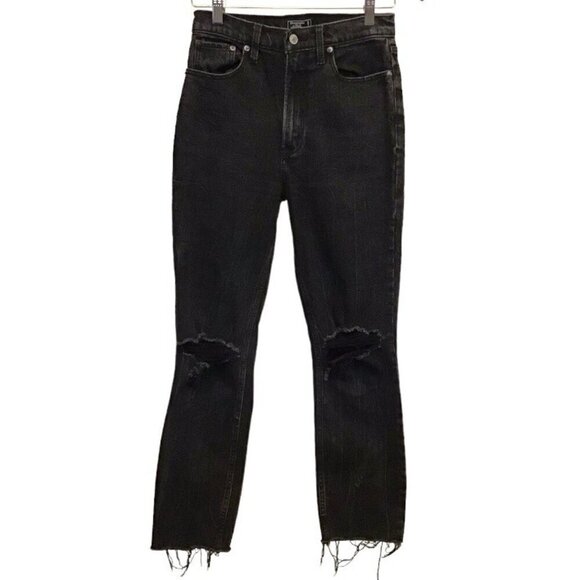 Abercrombie 2 (26) Ultra High Rise Mom Womens Jeans Black Distressed Frayed Hems - Picture 3 of 11